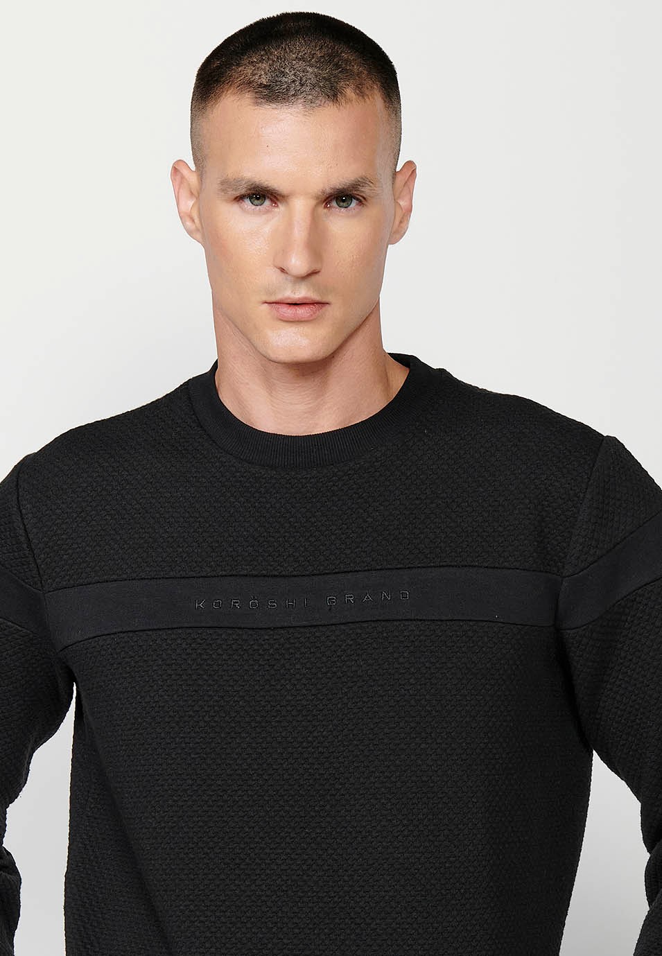 Men's Black Long Sleeve Crew Neck Sweatshirt with Front Detail 6