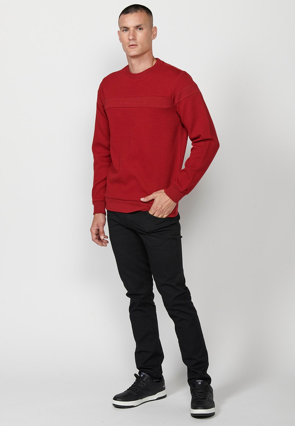 Men's Red Long Sleeve Crew Neck Sweatshirt with Front Detail 2