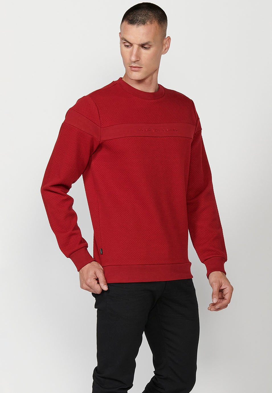 Men's Red Long Sleeve Crew Neck Sweatshirt with Front Detail 1