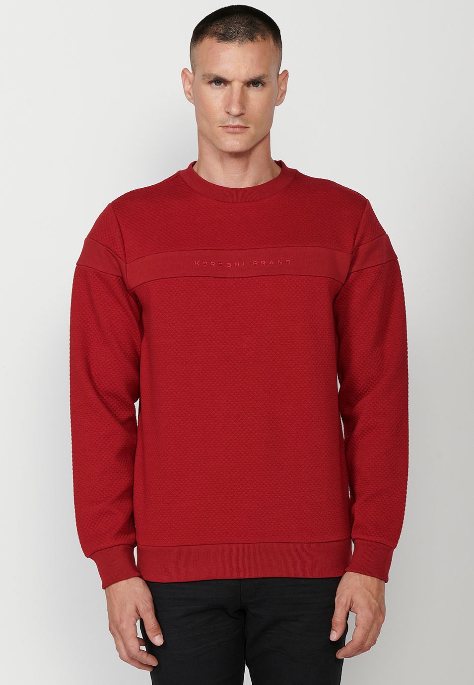 Men's Red Long Sleeve Crew Neck Sweatshirt with Front Detail 3