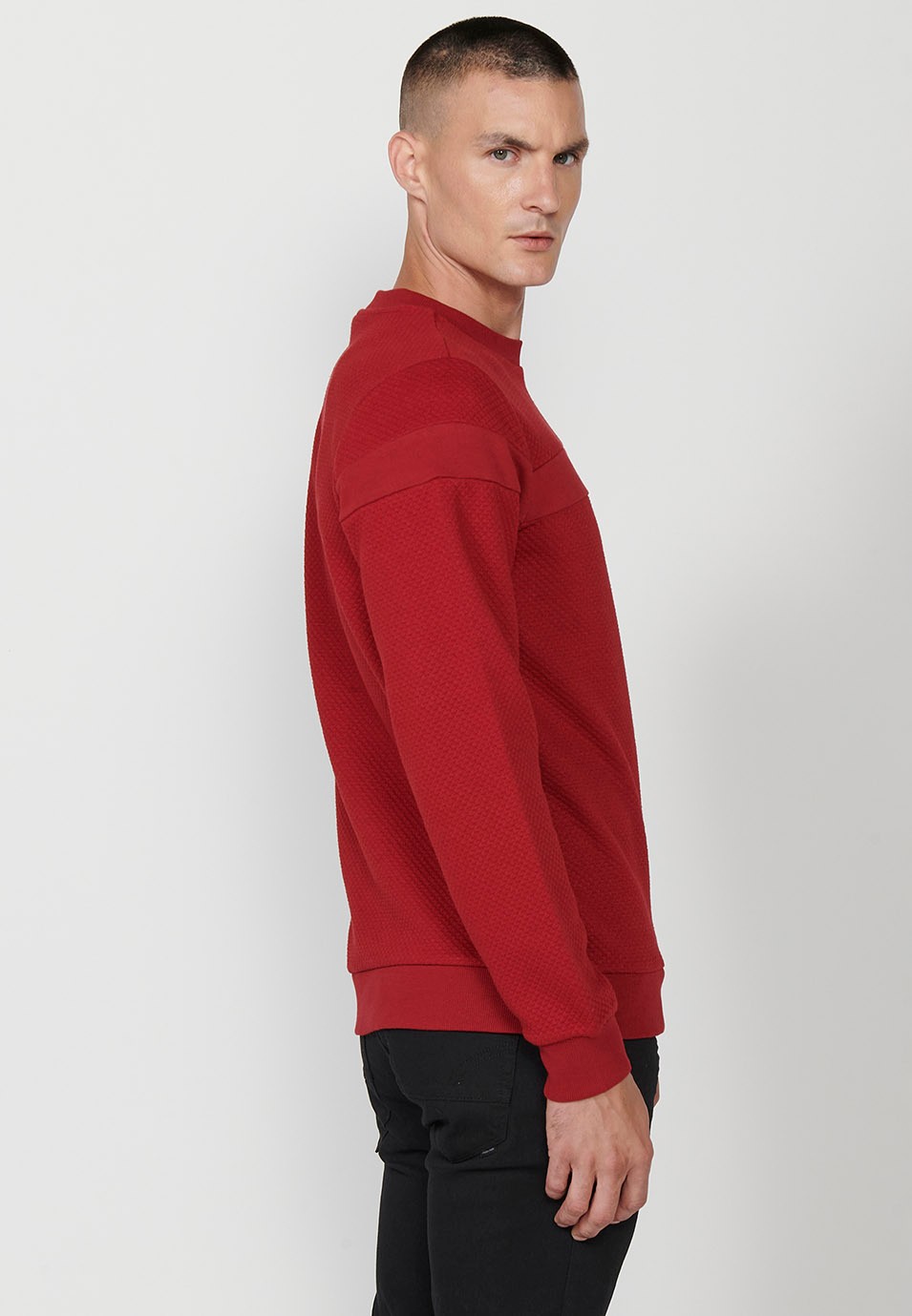 Men's Red Long Sleeve Crew Neck Sweatshirt with Front Detail 4