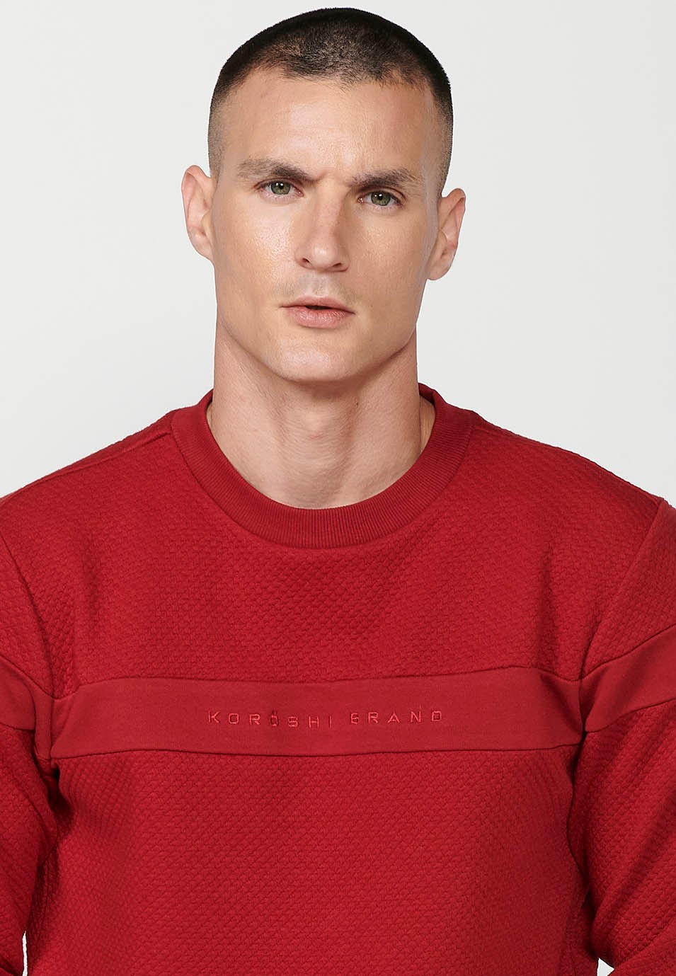 Men's Red Long Sleeve Crew Neck Sweatshirt with Front Detail 6