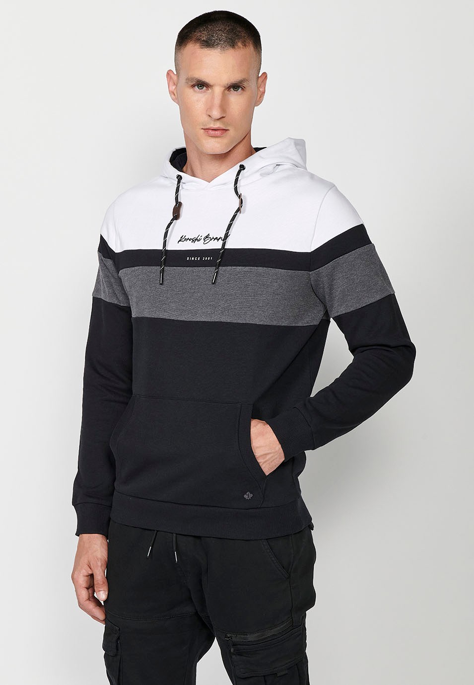 Men's Black Long Sleeve Hooded Collar Sweatshirt with Front Detail and Front Pockets