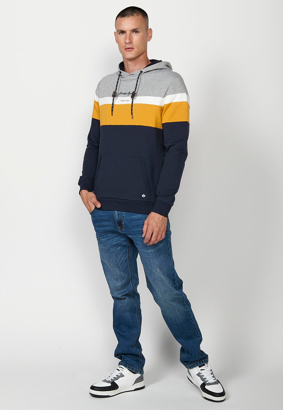 Mens Navy Long Sleeve Hooded Collar Sweatshirt with Front Detail and Front Pockets 2