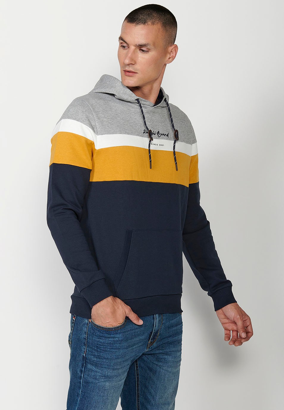 Mens Navy Long Sleeve Hooded Collar Sweatshirt with Front Detail and Front Pockets 4