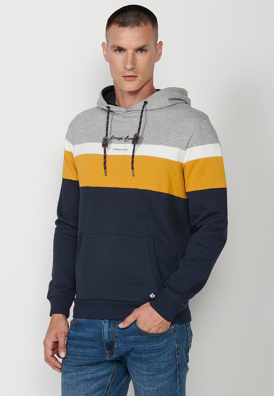 Langärmliges Sweatshirt mit Kragen und Kapuze mit Frontdetail und Vordertaschen für Herren in Marineblau 1