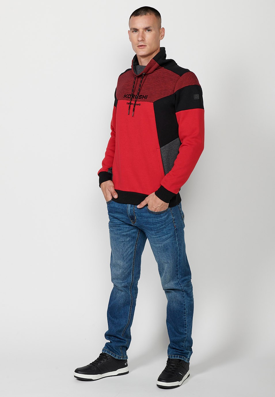 Mens Long Sleeve Turtleneck Sweatshirt with Front Detail and Front Pockets in Red 2