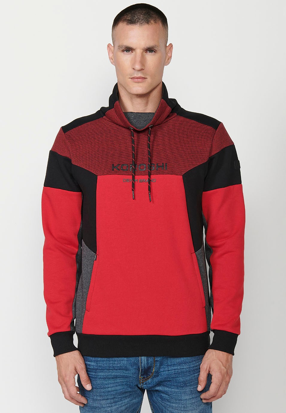 Mens Long Sleeve Turtleneck Sweatshirt with Front Detail and Front Pockets in Red 3