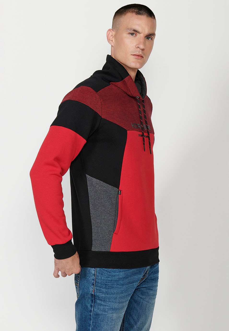 Mens Long Sleeve Turtleneck Sweatshirt with Front Detail and Front Pockets in Red 1