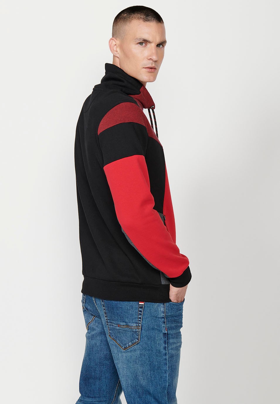 Mens Long Sleeve Turtleneck Sweatshirt with Front Detail and Front Pockets in Red 5