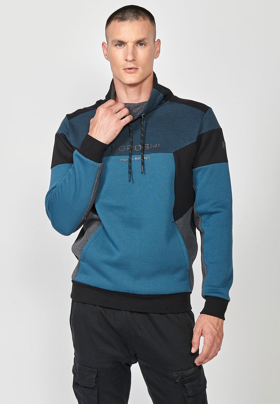 Mens Blue Long Sleeve Turtleneck Sweatshirt with Front Detail and Front Pockets