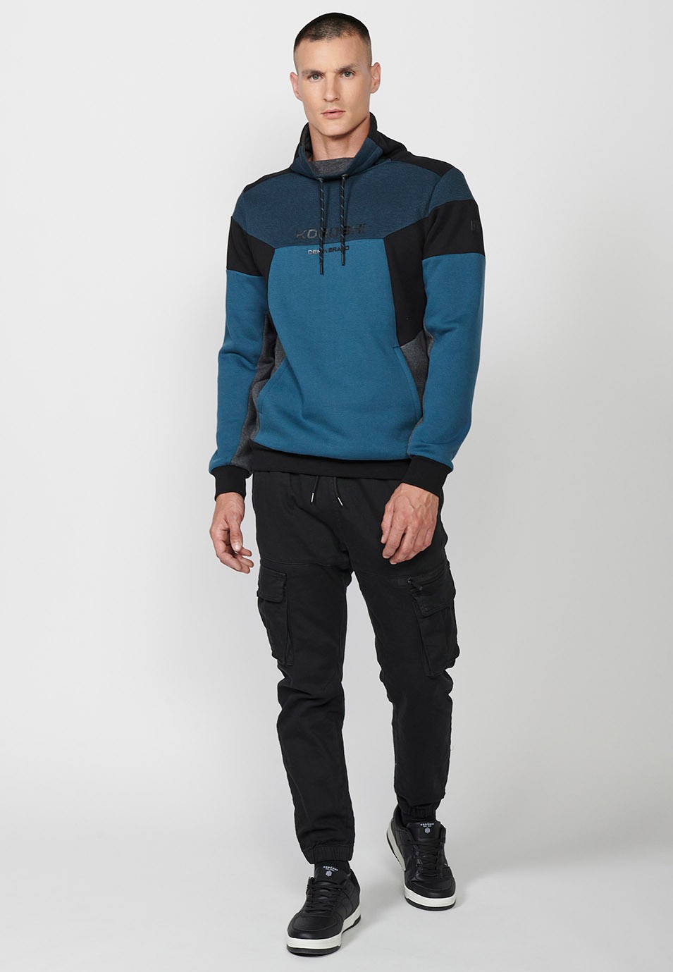 Mens Blue Long Sleeve Turtleneck Sweatshirt with Front Detail and Front Pockets 1