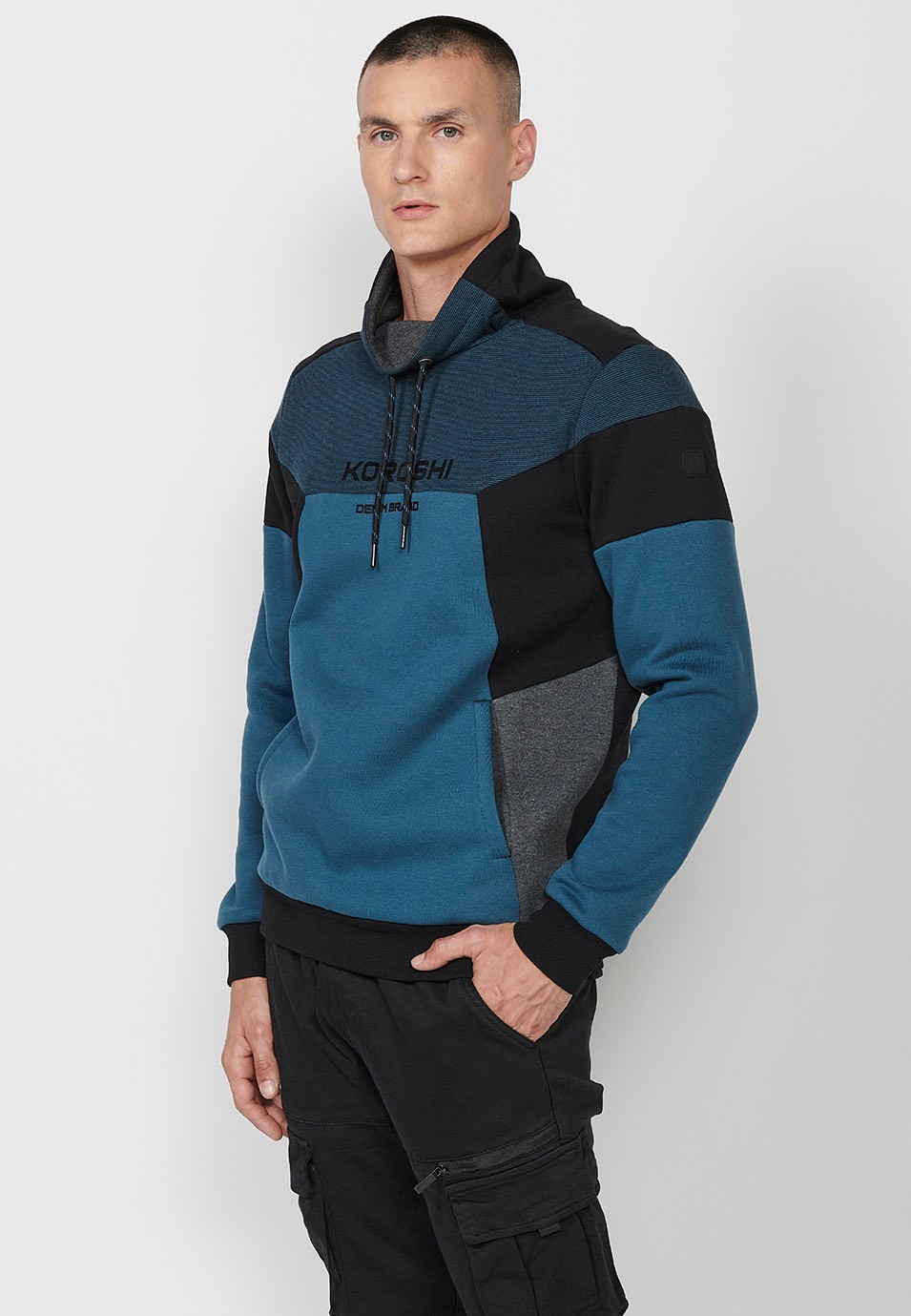 Mens Blue Long Sleeve Turtleneck Sweatshirt with Front Detail and Front Pockets 4