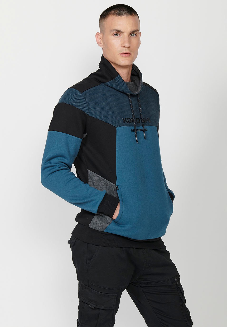 Mens Blue Long Sleeve Turtleneck Sweatshirt with Front Detail and Front Pockets 3