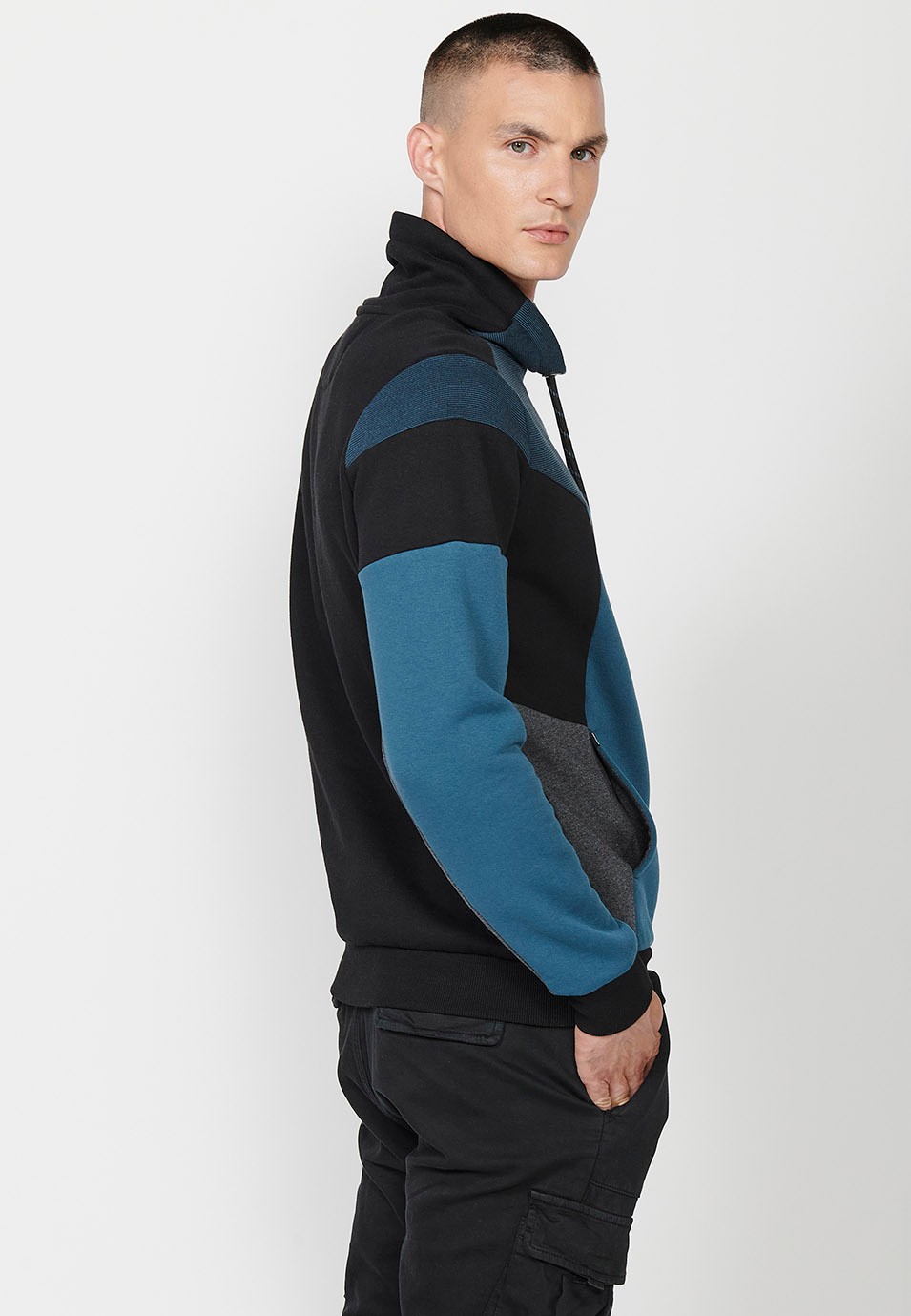 Mens Blue Long Sleeve Turtleneck Sweatshirt with Front Detail and Front Pockets 8