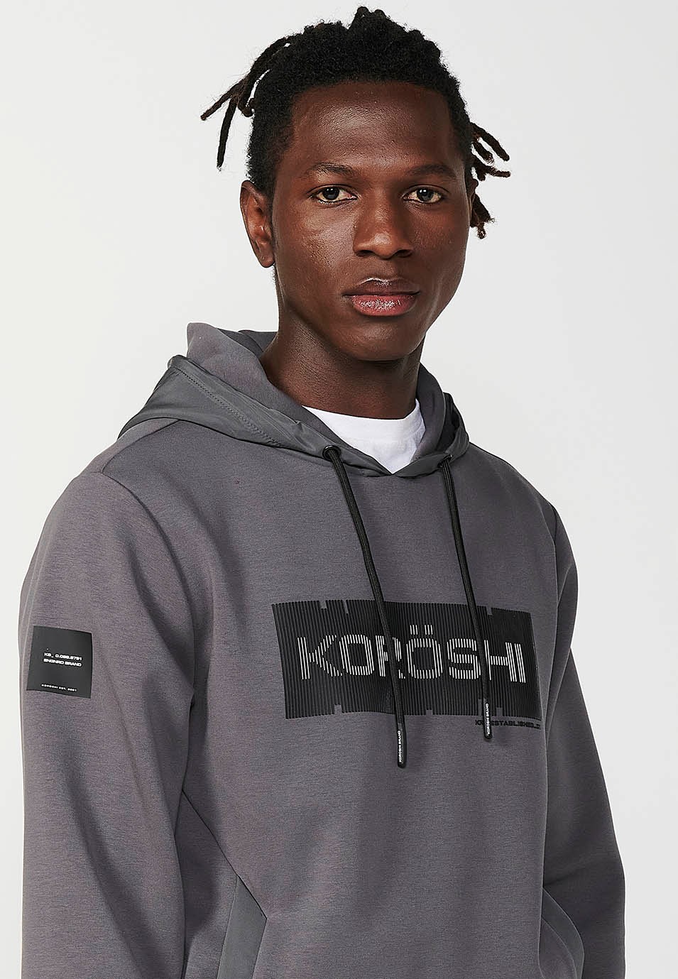 Sweat-shirt gris foncé à manches longues et col à capuche pour hommes, avec poches avant 3