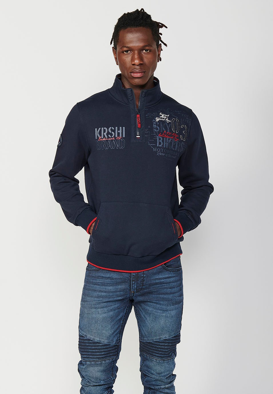 Sudadera de manga larga y cuello alto con cremallera y bolsillos delanteros para hombre de color navy