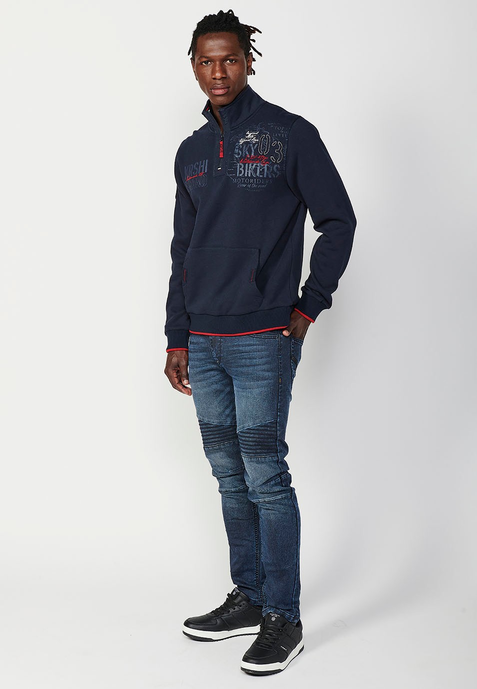 Sudadera de manga larga y cuello alto con cremallera y bolsillos delanteros para hombre de color navy