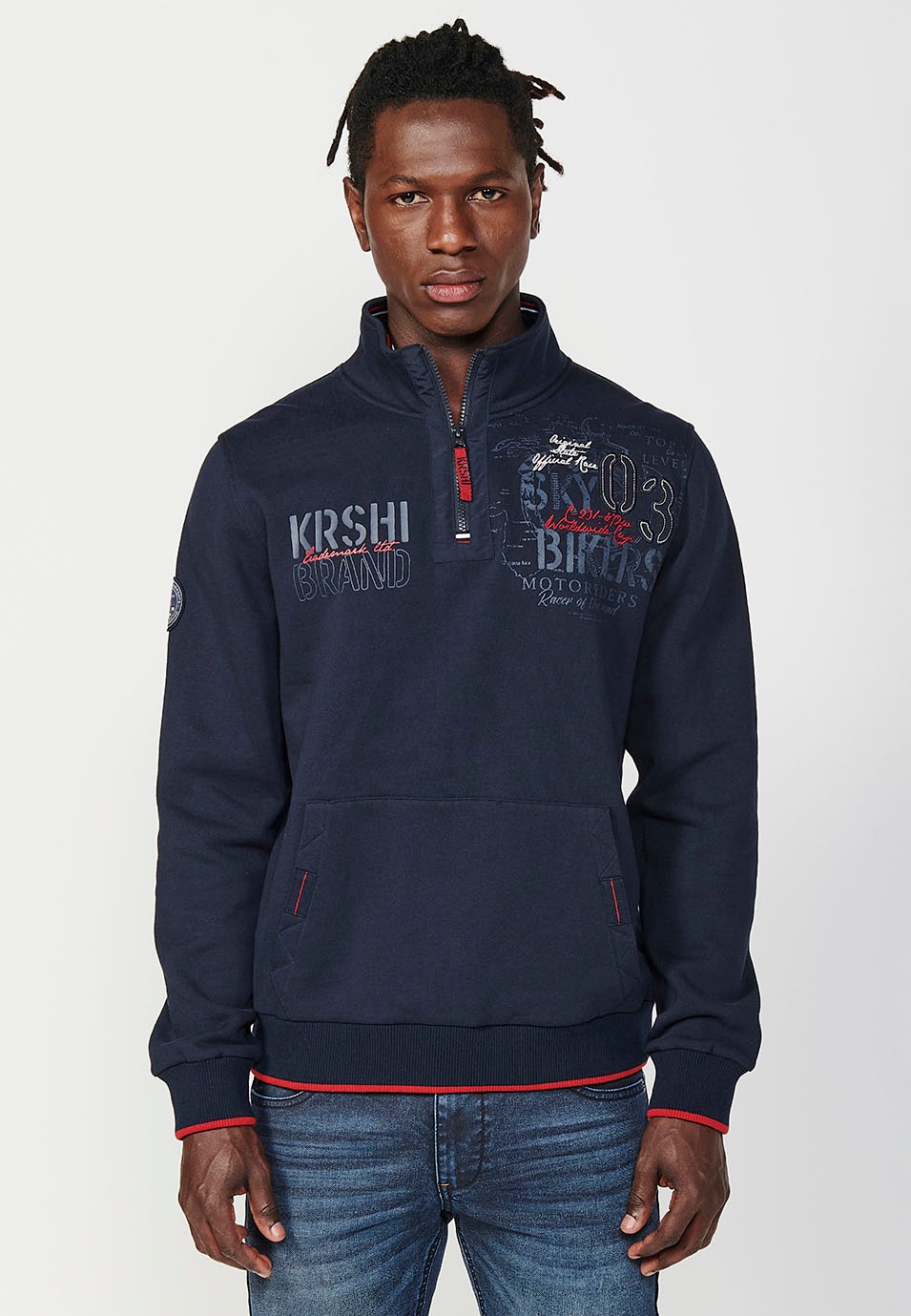 Sudadera de manga larga y cuello alto con cremallera y bolsillos delanteros para hombre de color navy