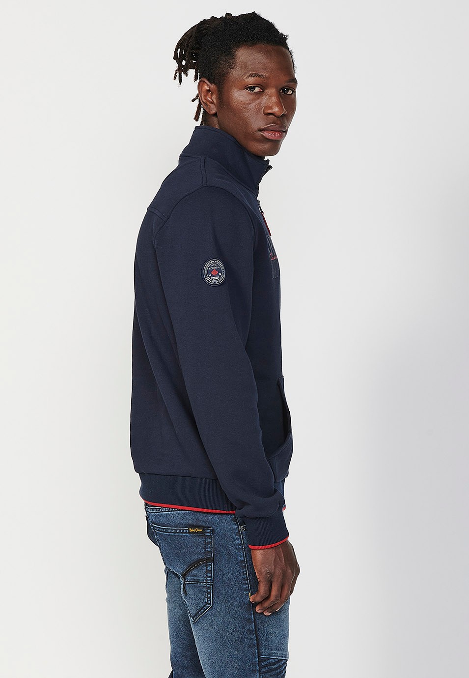 Sudadera de manga larga y cuello alto con cremallera y bolsillos delanteros para hombre de color navy