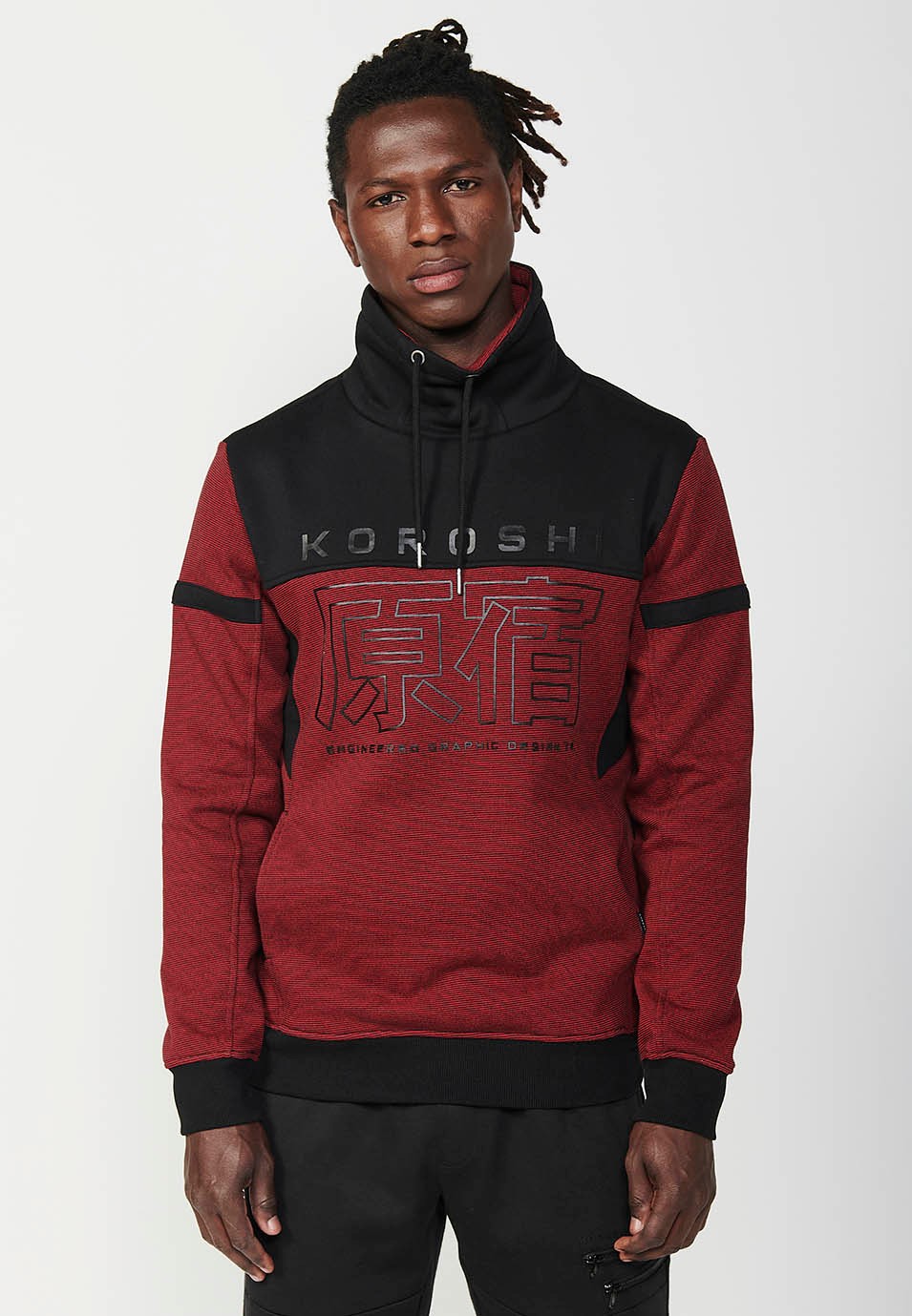 Sweat-shirt rouge à manches longues et col roulé pour hommes, cordon de serrage réglable, imprimé sur le devant, avec poches 7