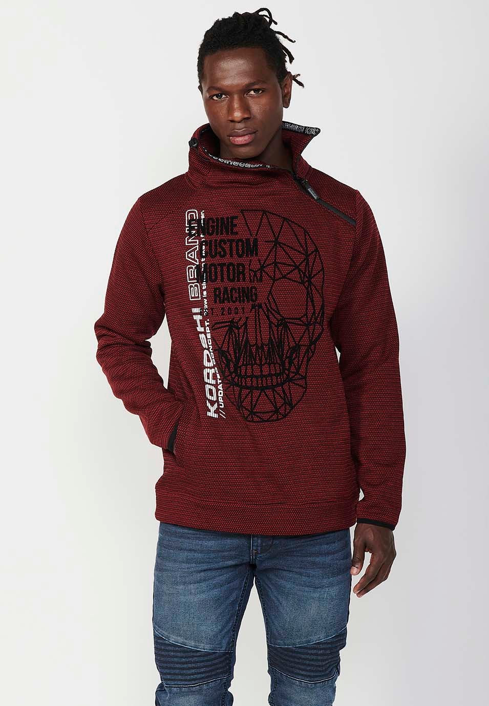 Mens Red Zip Up Front Print Long Sleeve High Neck Sweatshirt