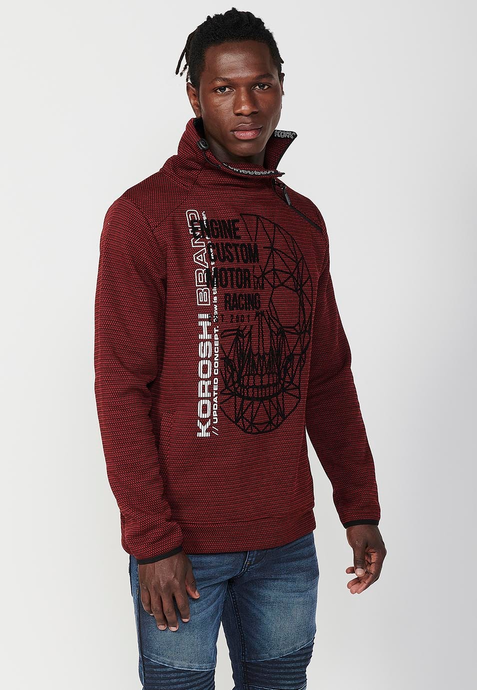 Rotes langärmliges Herren-Sweatshirt mit Reißverschluss vorne und hohem Halsausschnitt 5