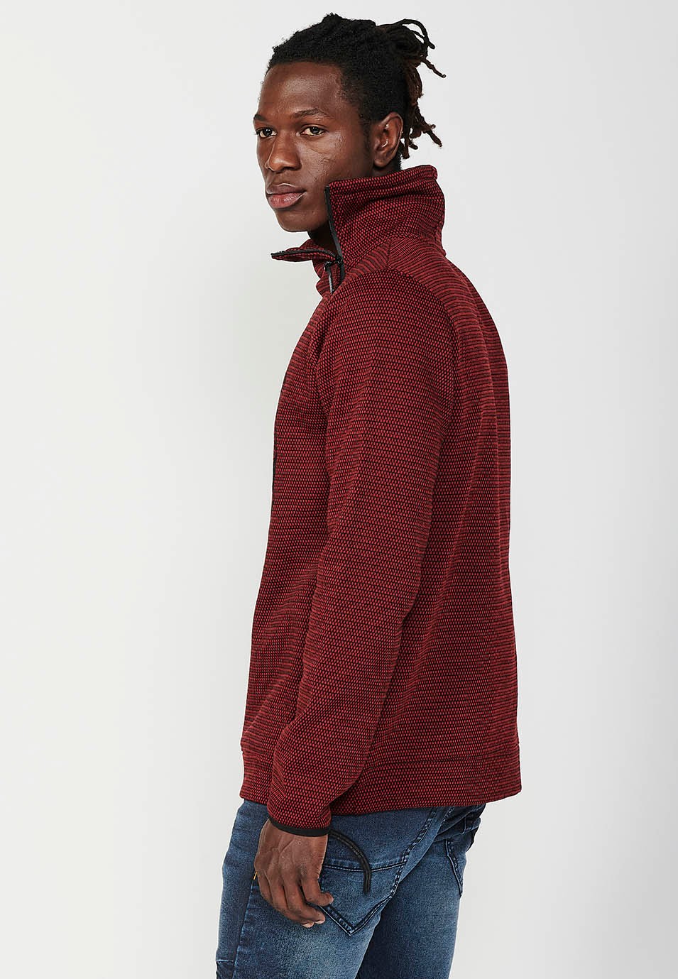 Sudadera de manga larga y cuello alto con cremallera con estampado delantero para hombre de color rojo 7