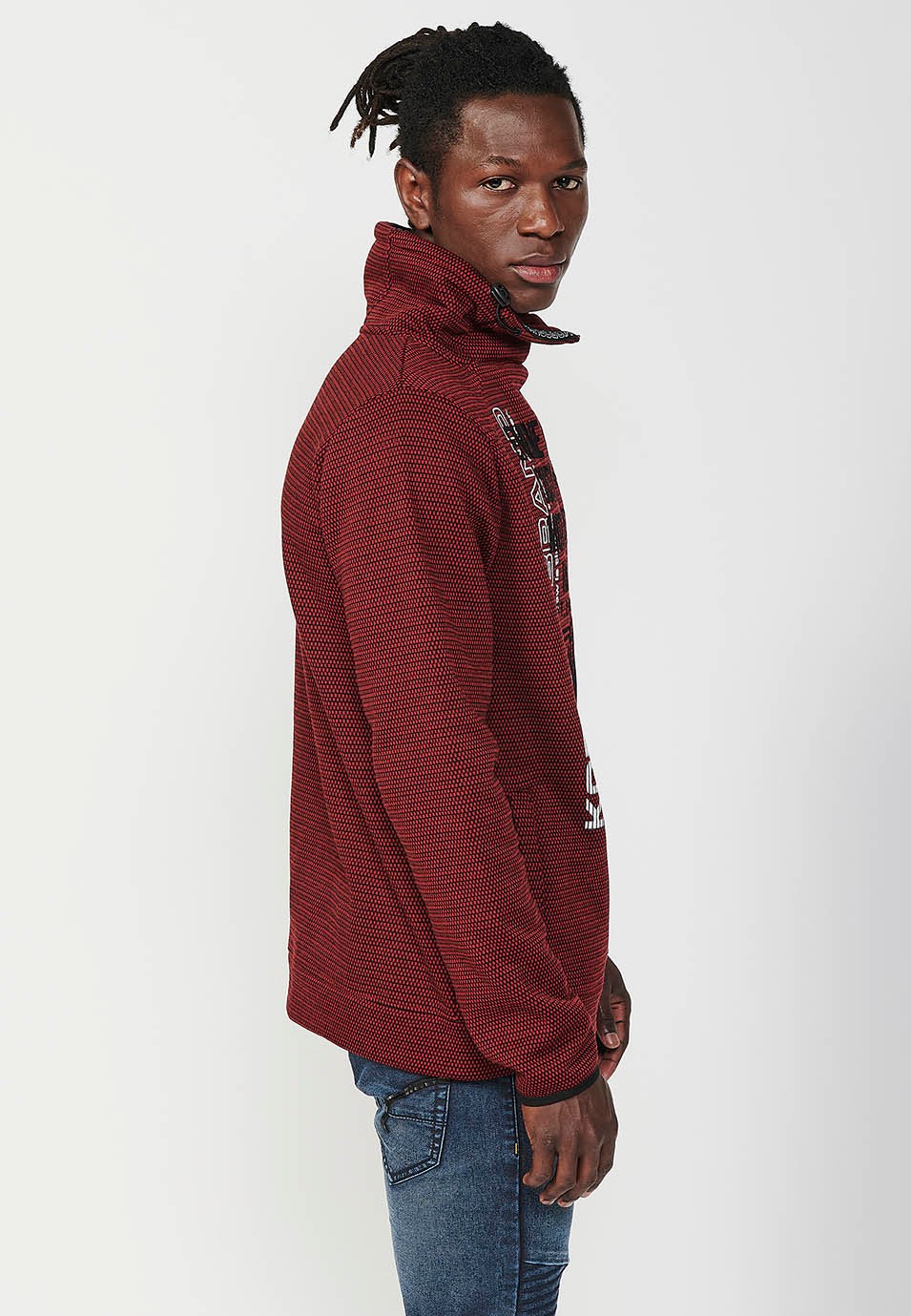 Sudadera de manga larga y cuello alto con cremallera con estampado delantero para hombre de color rojo 6