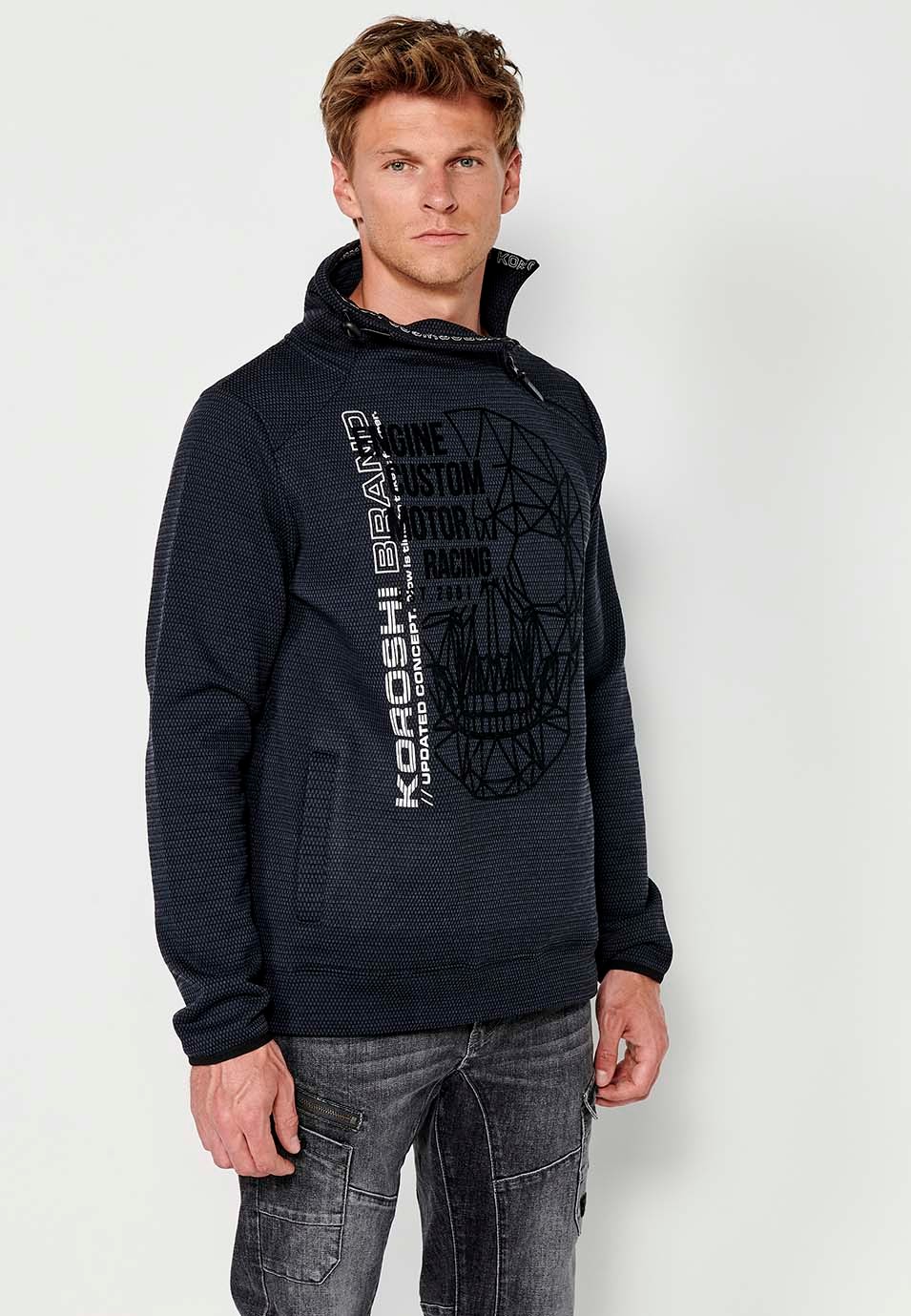 Sudadera de manga larga y cuello alto con cremallera con estampado delantero para hombre de color navy