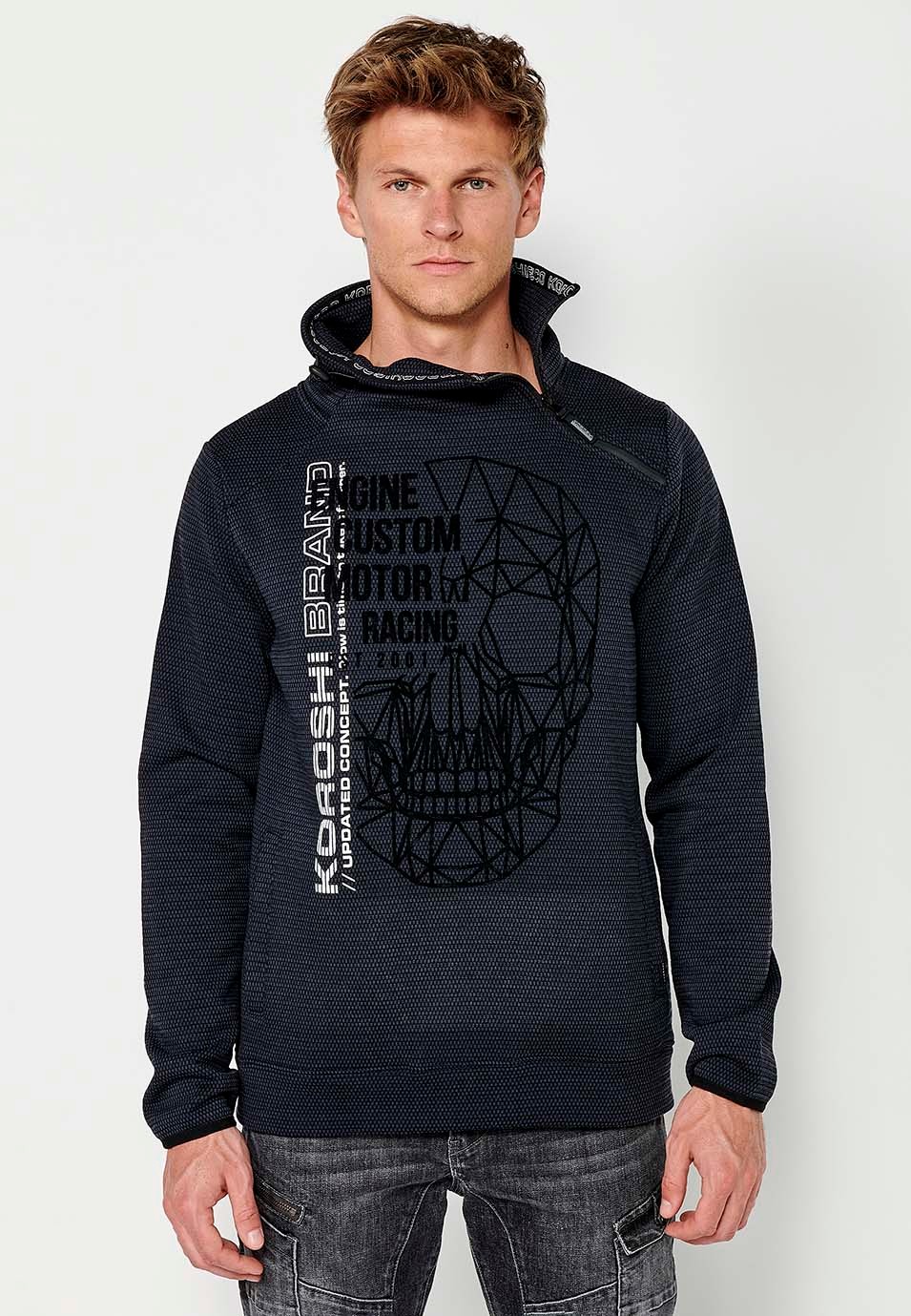 Sudadera de manga larga y cuello alto con cremallera con estampado delantero para hombre de color navy 7