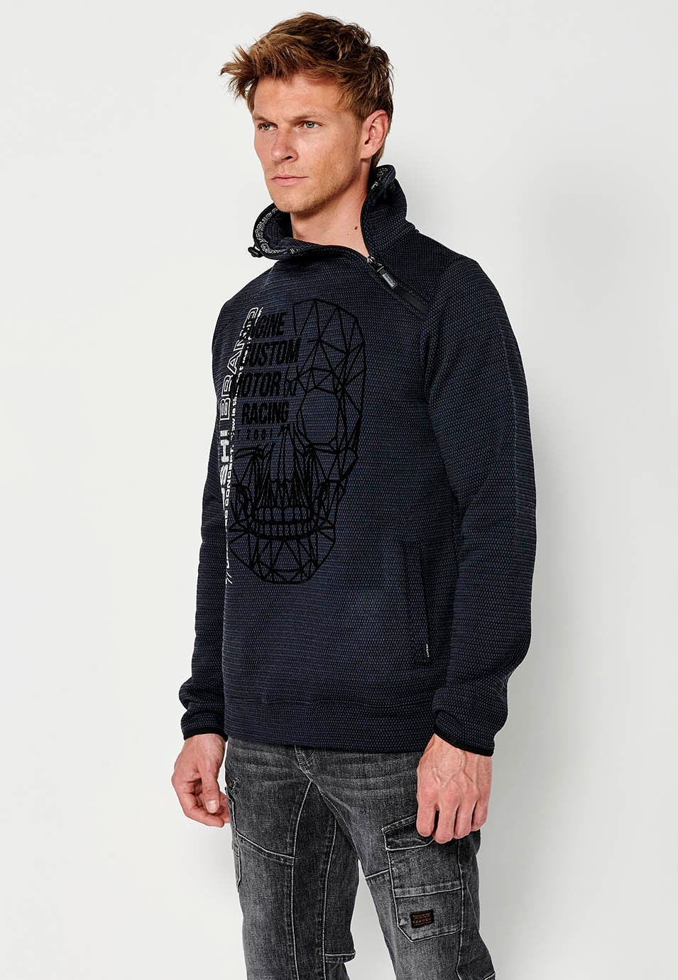 Sweat-shirt zippé à manches longues et col montant avec imprimé sur le devant pour homme en bleu marine 6