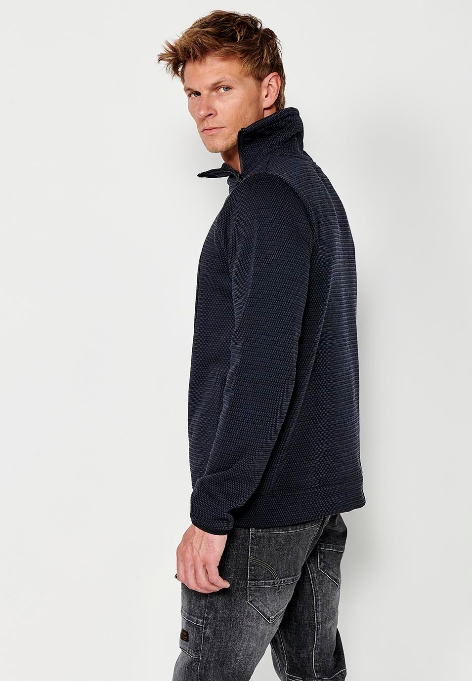 Sweat-shirt zippé à manches longues et col montant avec imprimé sur le devant pour homme en bleu marine 1