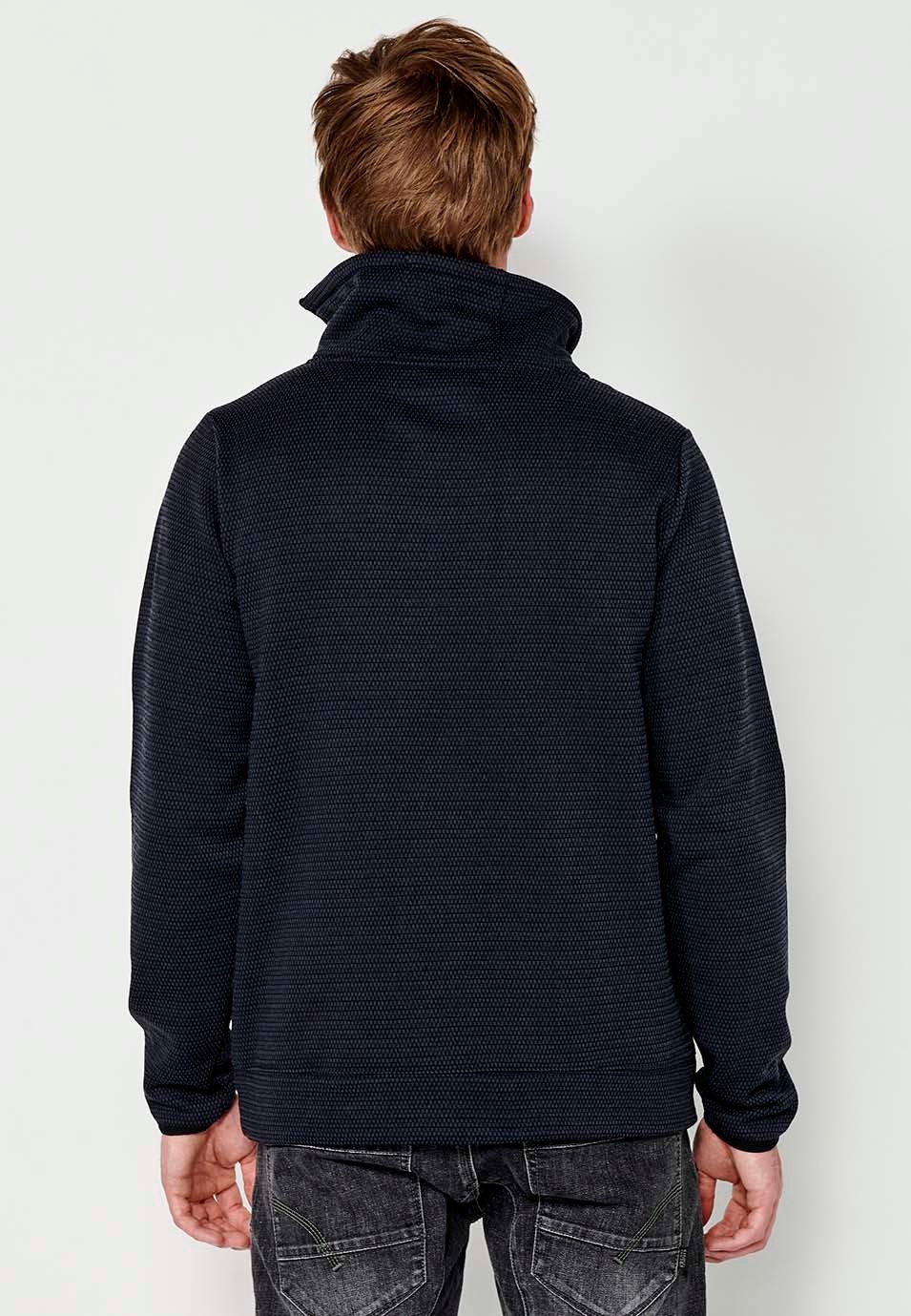 Dessuadora de màniga llarga i coll alt amb cremallera amb estampat davanter per a home de color navyLangärmliges Sweatshirt mit Reißverschluss und Stehkragen für Herren in Marineblau 4