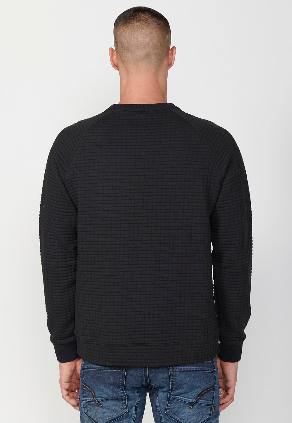 Sweat-shirt à manches longues et col rond en tissu texturé pour homme en noir 4