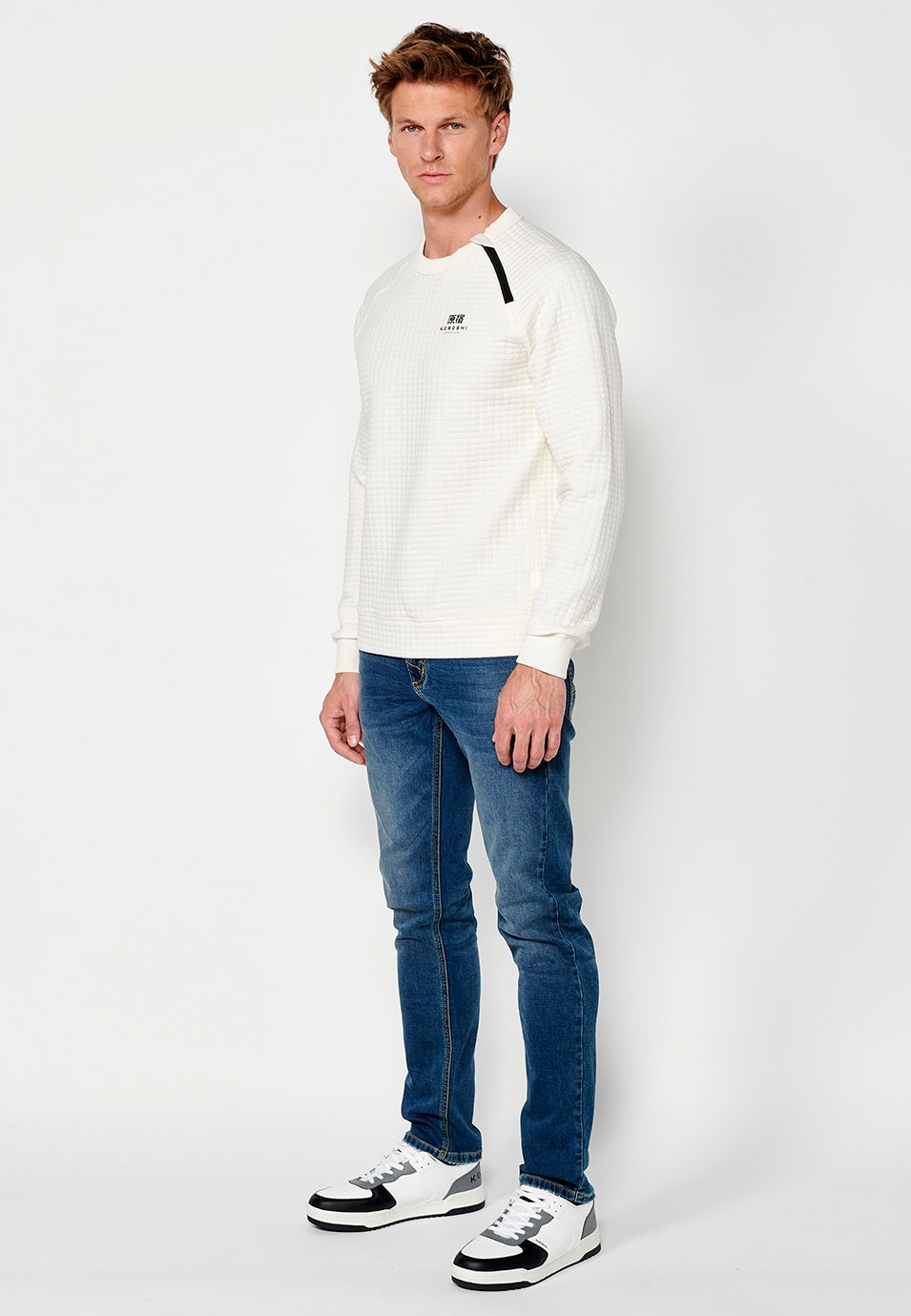 Men's Long Sleeve Crew Neck Sweatshirt with Textured Fabric in Ecru 1