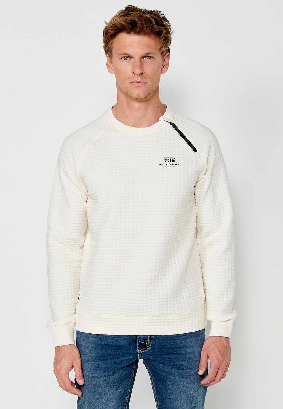 Men's Long Sleeve Crew Neck Sweatshirt with Textured Fabric in Ecru 2