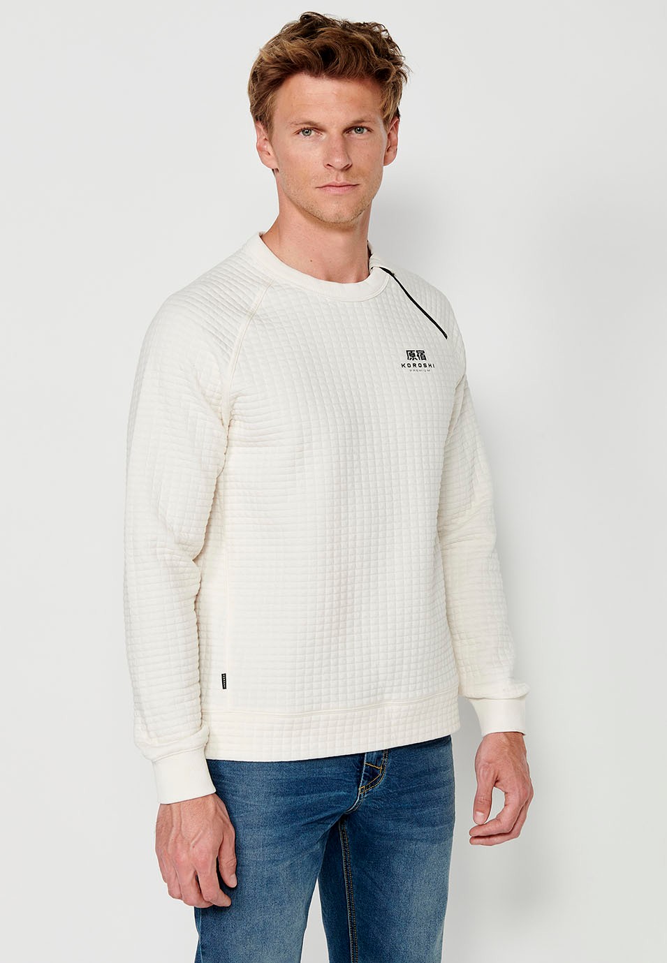 Men's Long Sleeve Crew Neck Sweatshirt with Textured Fabric in Ecru 3