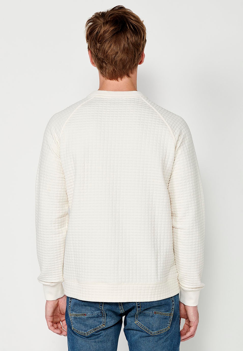 Sweat-shirt col rond à manches longues avec tissu texturé pour homme de couleur écru 4