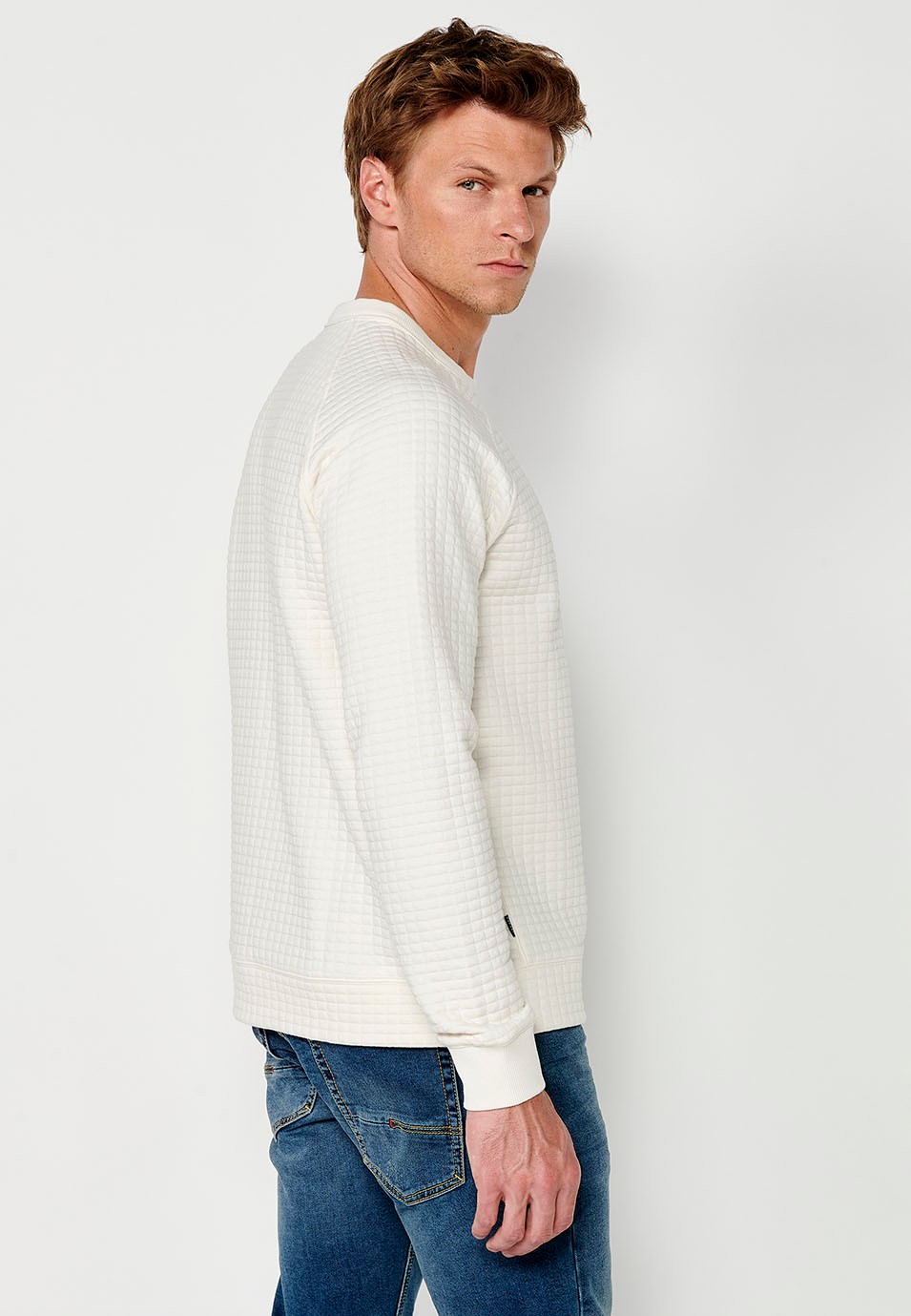 Men's Long Sleeve Crew Neck Sweatshirt with Textured Fabric in Ecru 7