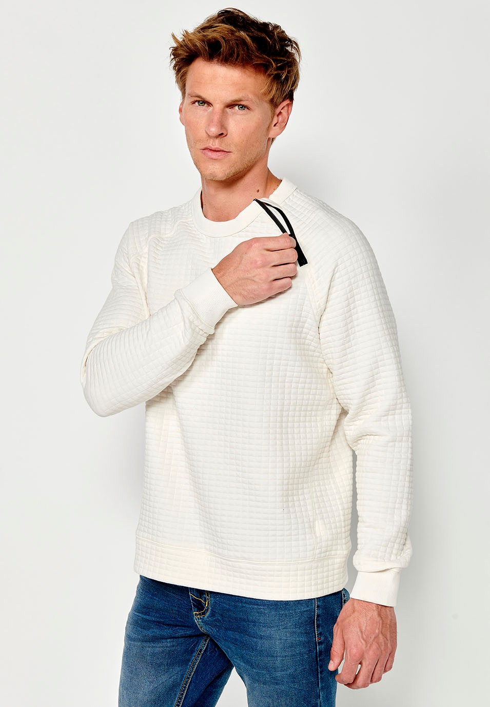 Men's Long Sleeve Crew Neck Sweatshirt with Textured Fabric in Ecru 8