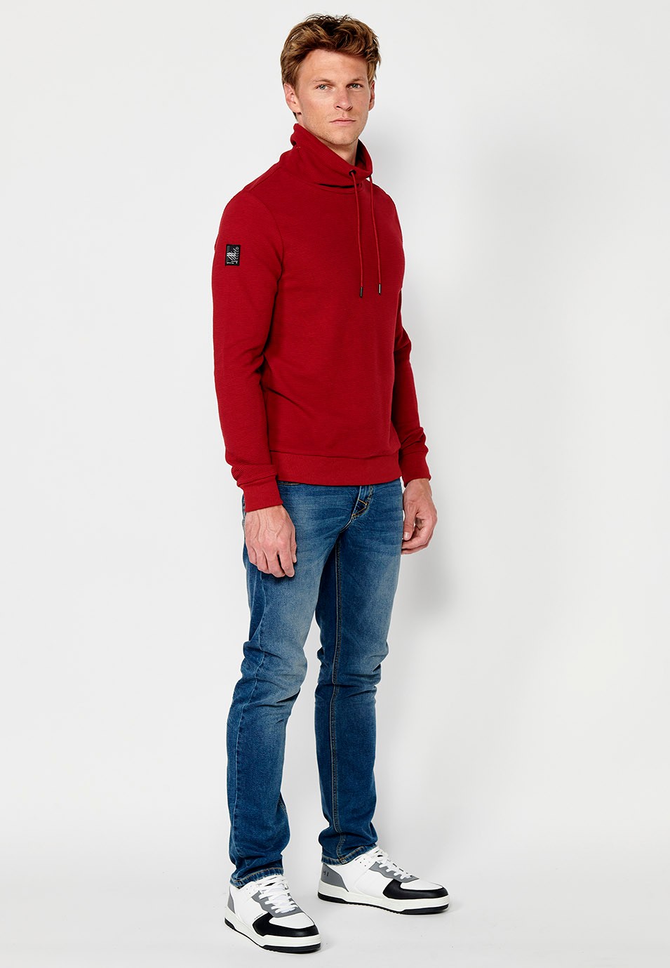 Mens Long Sleeve Turtleneck Drawstring Sweatshirt with Striped Textured Fabric in Red 2