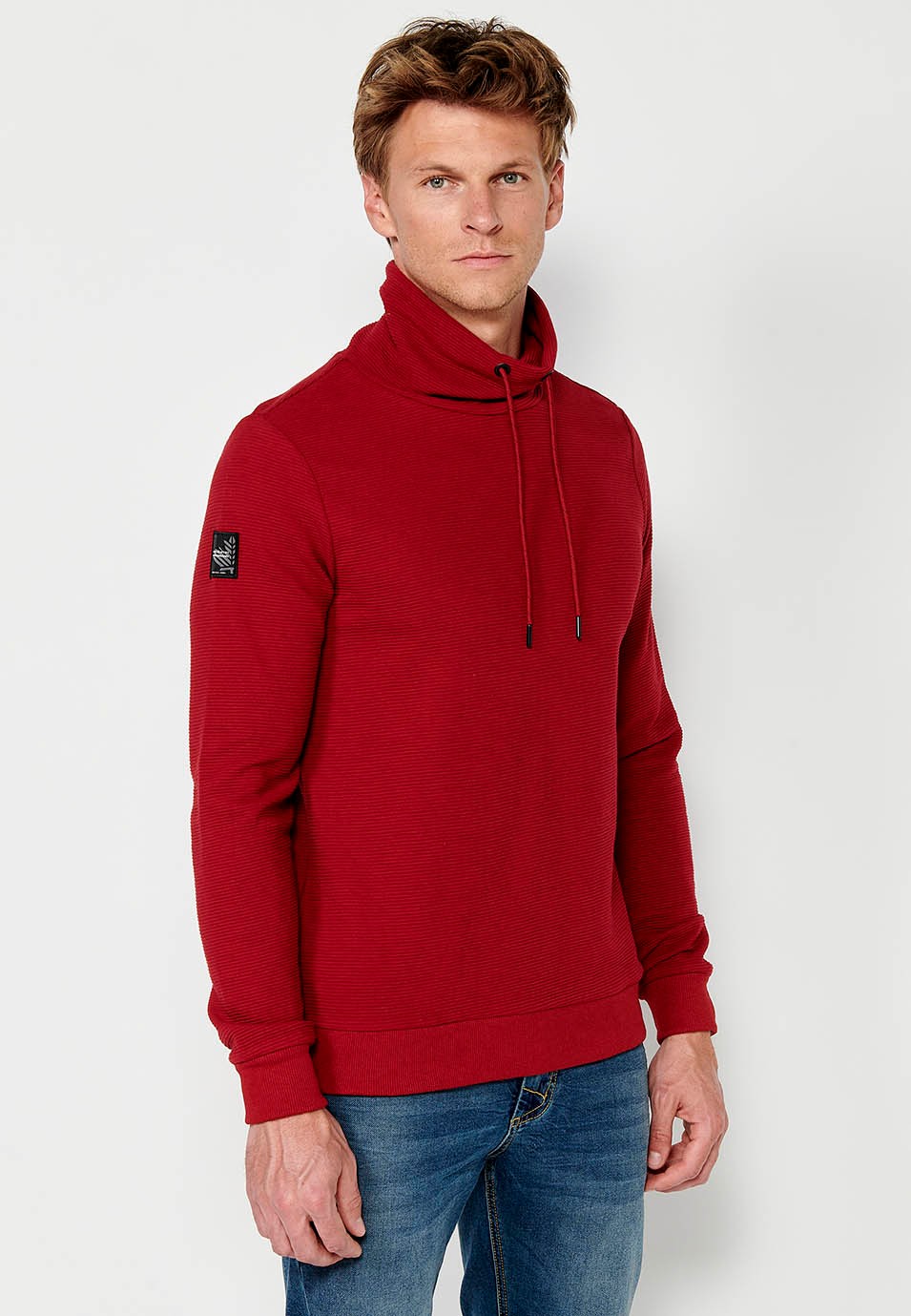 Mens Long Sleeve Turtleneck Drawstring Sweatshirt with Striped Textured Fabric in Red 7