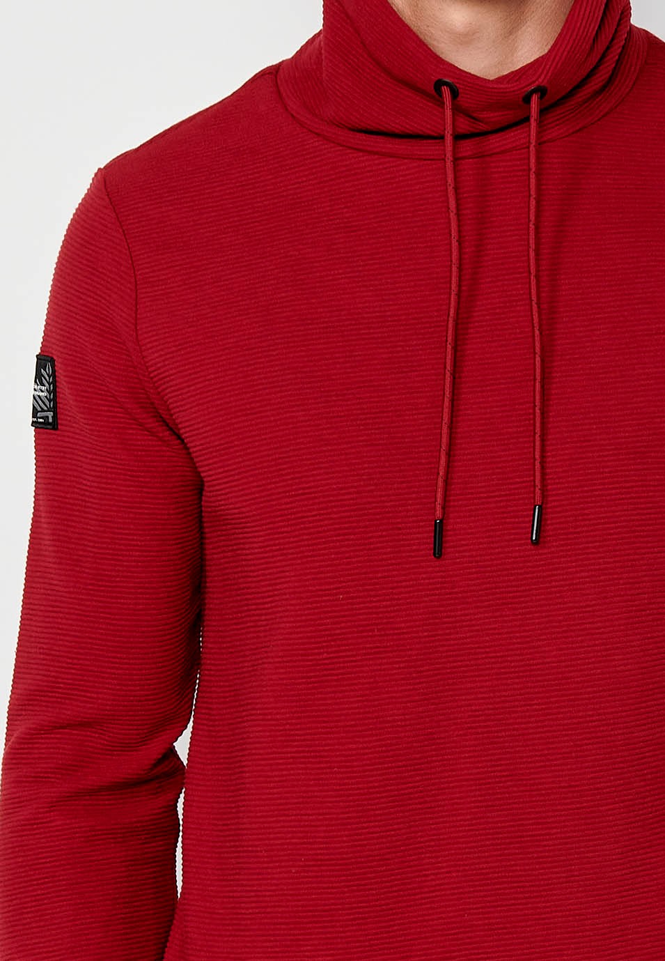 Mens Long Sleeve Turtleneck Drawstring Sweatshirt with Striped Textured Fabric in Red 4