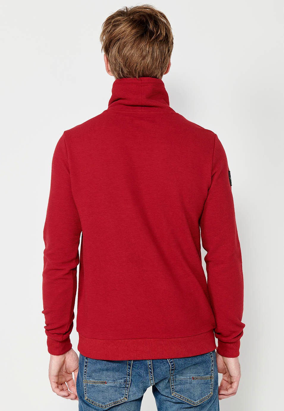 Mens Long Sleeve Turtleneck Drawstring Sweatshirt with Striped Textured Fabric in Red 6