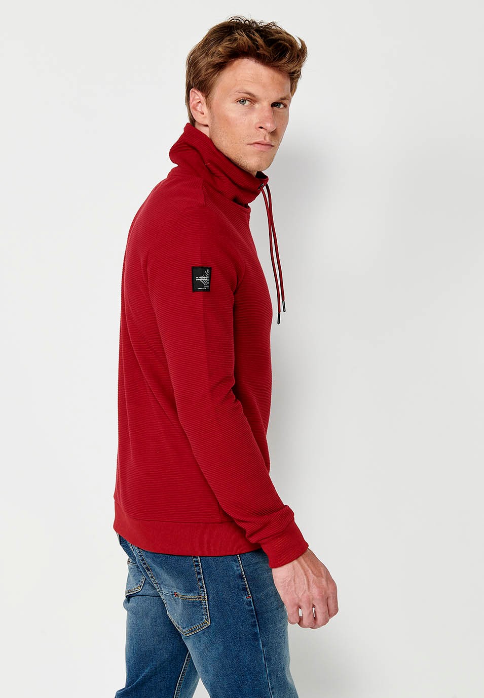 Mens Long Sleeve Turtleneck Drawstring Sweatshirt with Striped Textured Fabric in Red 5