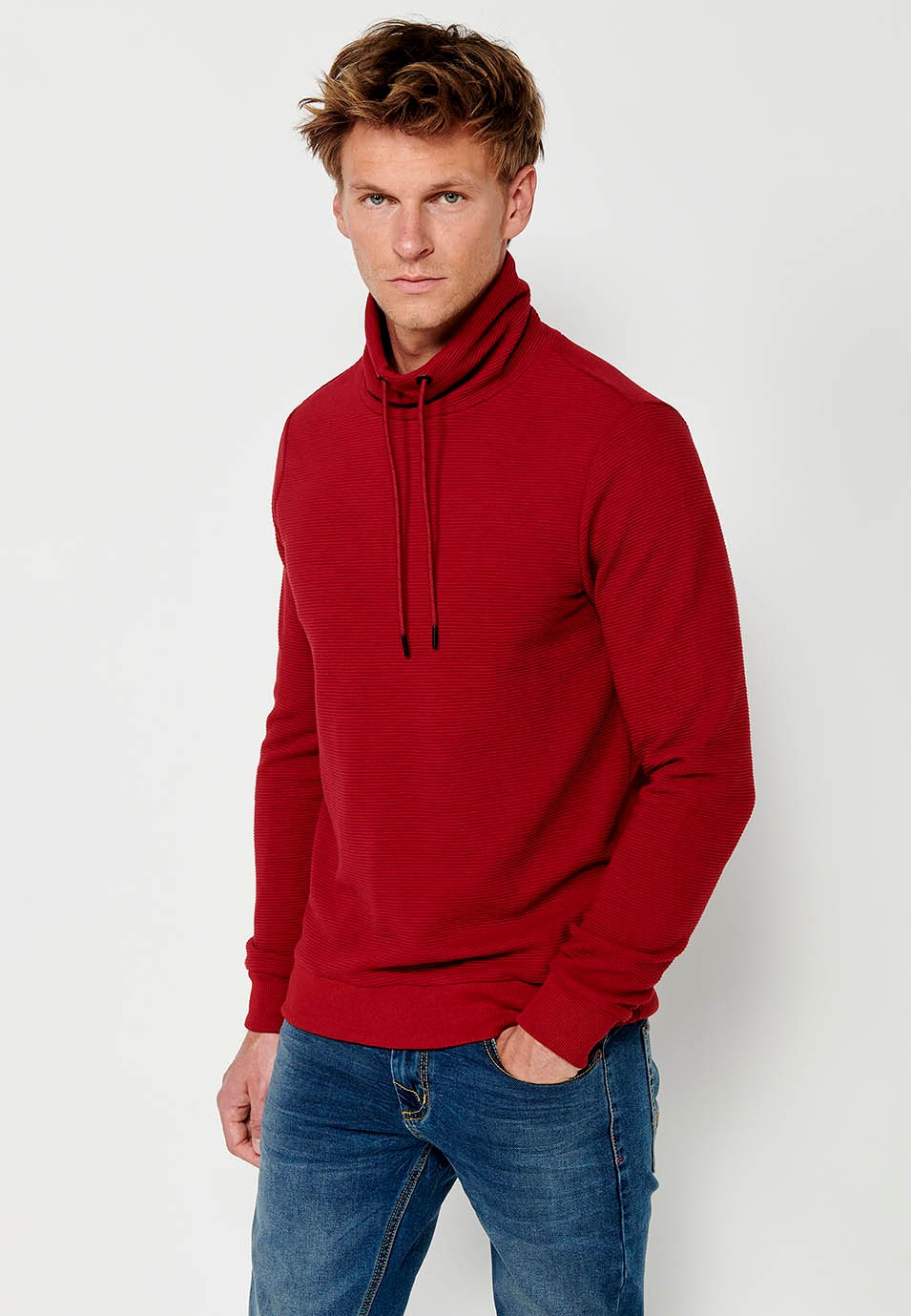 Mens Long Sleeve Turtleneck Drawstring Sweatshirt with Striped Textured Fabric in Red 3