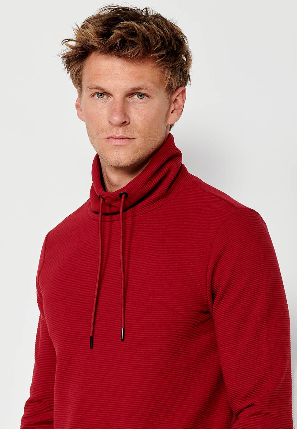 Mens Long Sleeve Turtleneck Drawstring Sweatshirt with Striped Textured Fabric in Red 1