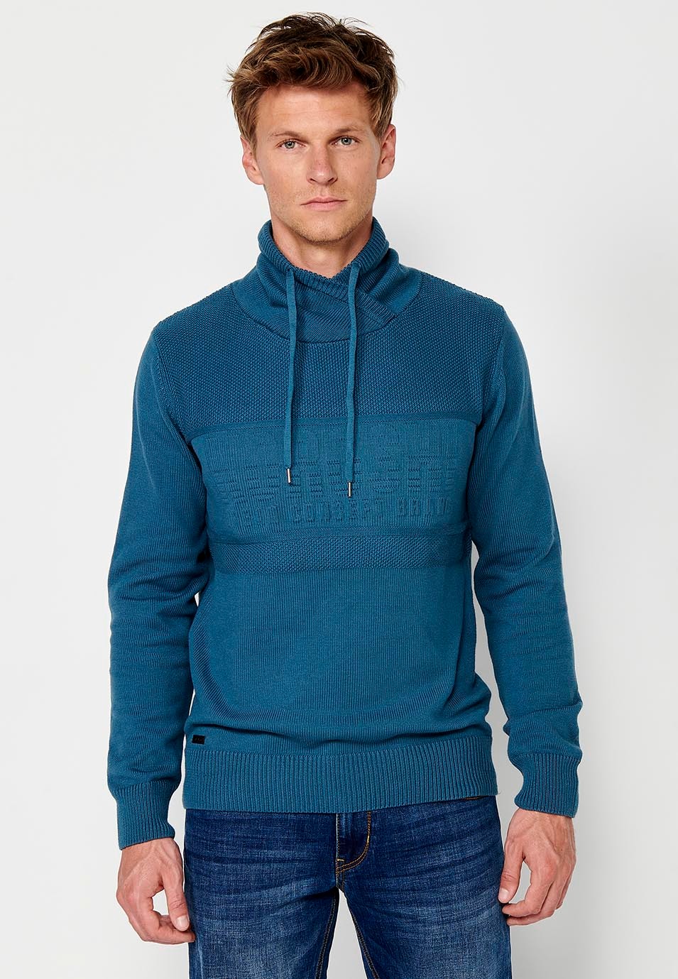 Men's blue long sleeve pullover sweatshirt with adjustable high neck and drawstring and embossed front lettering