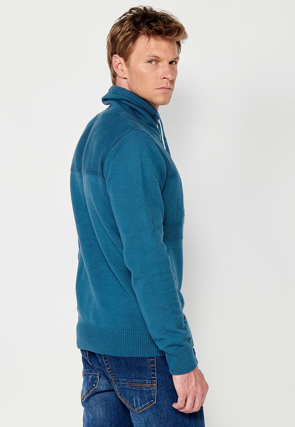 Men's blue long sleeve pullover sweatshirt with adjustable high neck and drawstring and embossed front lettering 3